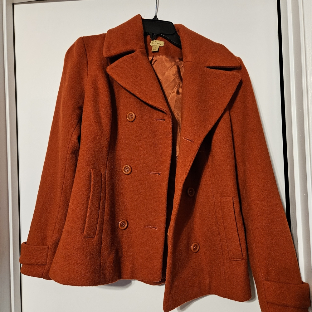 Caslon Women's Double-Breasted Rust Pea Coat 100% Wool Made In USA